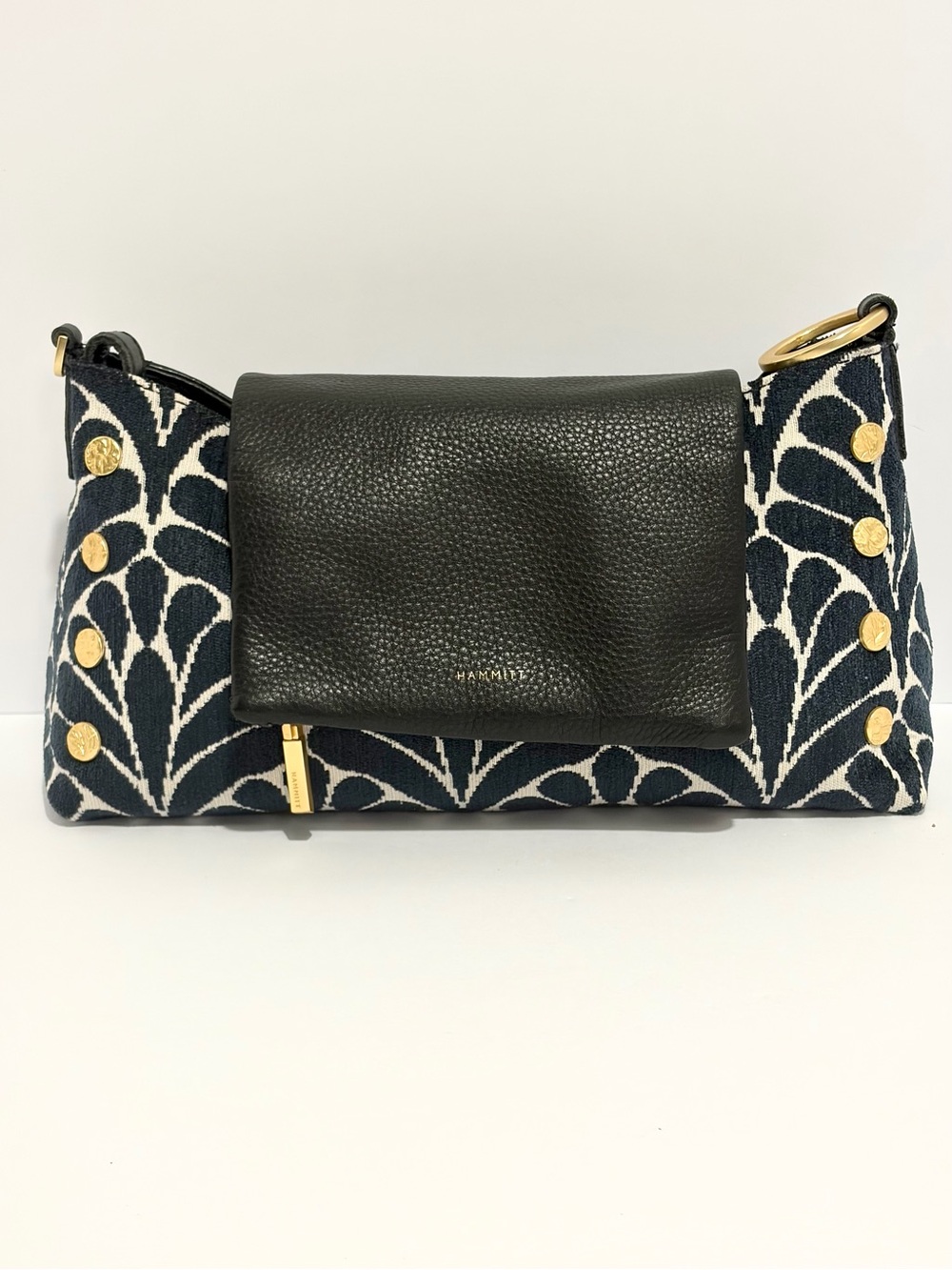 Hammitt VIP Satchel In Navy Tapestry/ Brushed Gold/Hammered Rivets